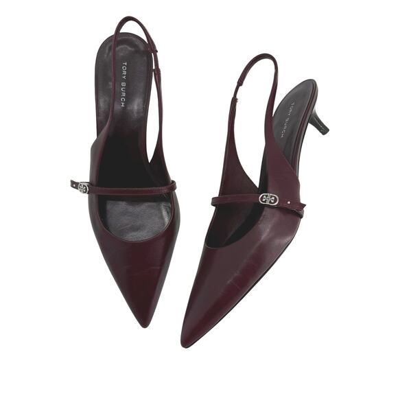 Tory Burch Double T Mary Jane Slingback Kitten Heels Dark Carmine Burgundy 7.5